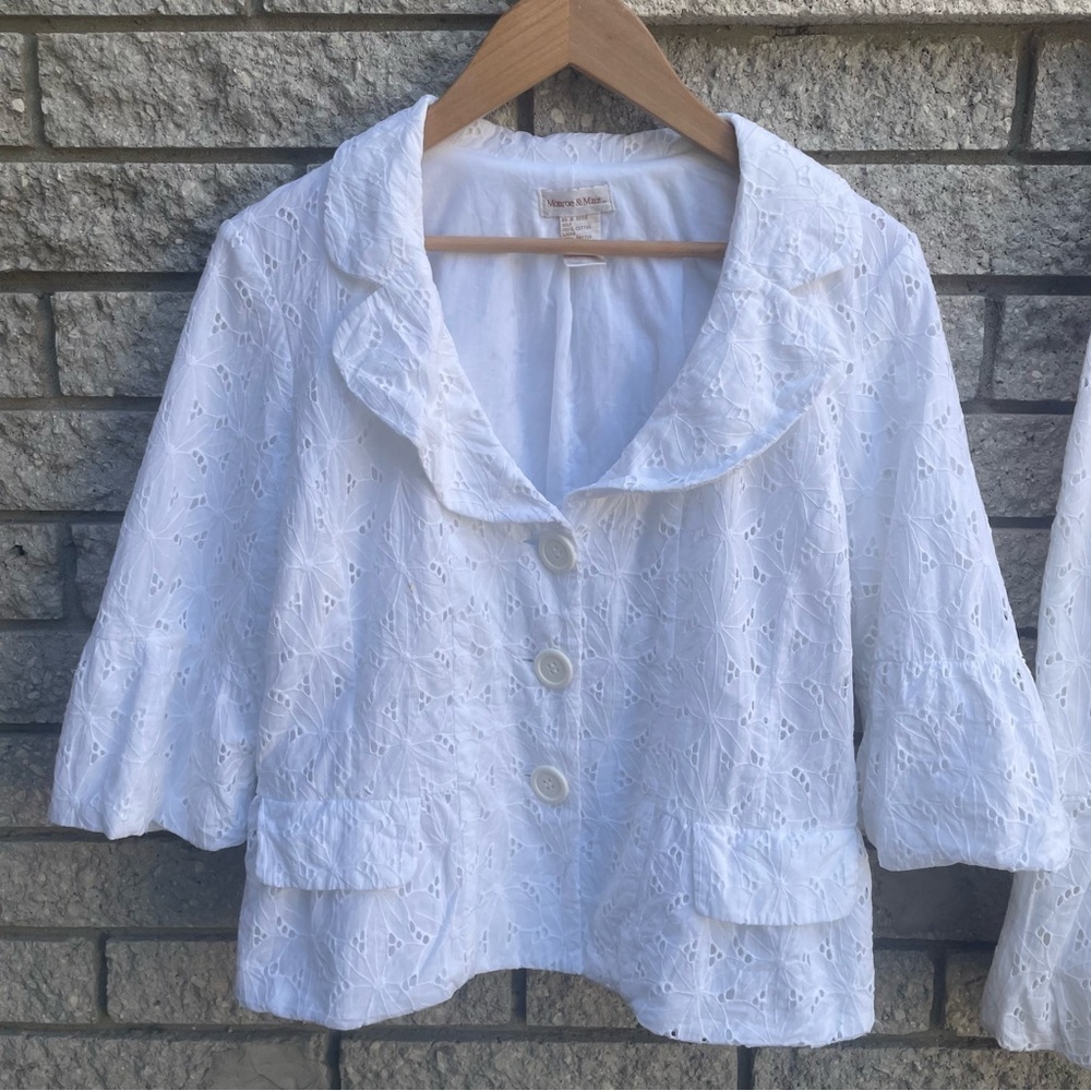 Monroe & Main White Embroidered Eyelet Bubble Hem Blazer & Skirt Set Size 12 L - Picture 2 of 10